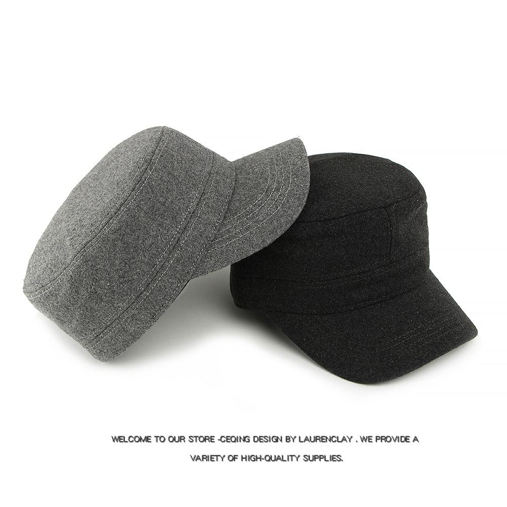 Wool Hat Men's Autumn Winter Velvet Thick Flat Hat Sunshade Hat Solid Color Peaked Cap