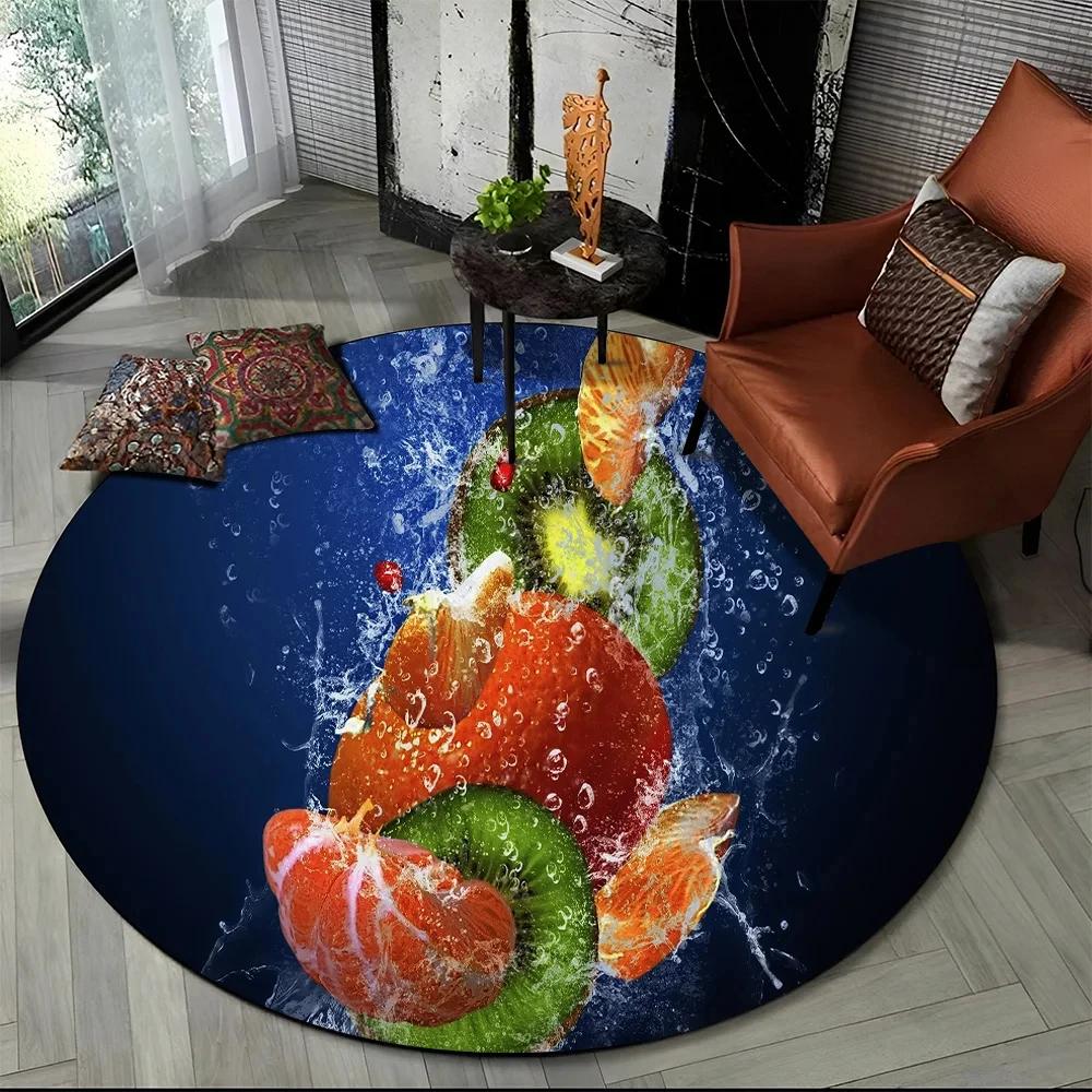 3D Niedlicher Tropenfrucht-Druck Runder Teppich Cartoon Früchte Teppich für Wohnzimmer Schlafzimmer Spielzimmer Badezimmer Dekor Rutschfeste Bodenmatte