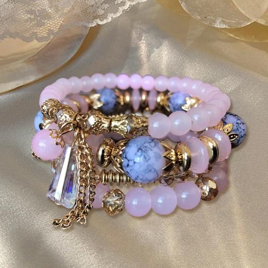4Pcs Women Bracelets Faux Crystal Smooth Multi Pendant Jewelry Retro Bohemian Style with Elastic Cord Multi-layered Stackable Bracelet Set