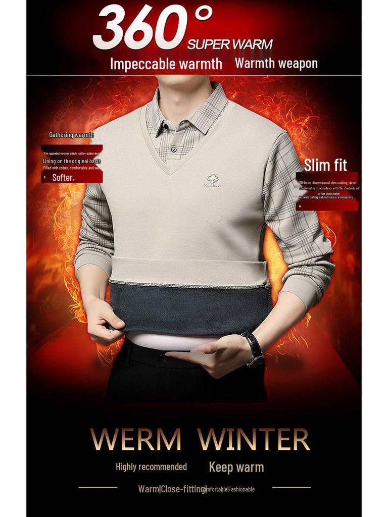 Men's Autumn/Winter Faux Two-Piece Fleece Polo Base Layer Shirt