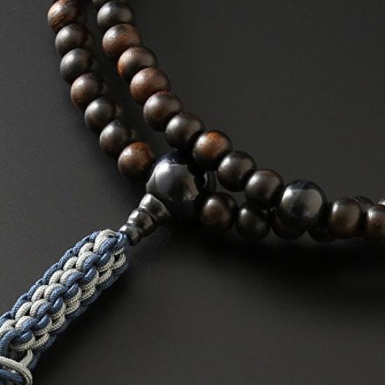 Kyobutsudan Hayashi Rinzai Zen Prayer Beads Men Unpolished Striped Ebony Blue Tiger Eye Accent Authentic Formal Kyoto with Pouch Set Paulownia Japan