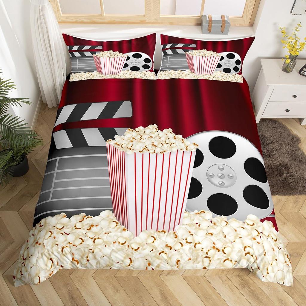 Movie Theme Duvet Cover Movie Theater Decor Bedding Set Full King Vintage Cinema Ticket Clapboard Popcorn Print Comforter Cover