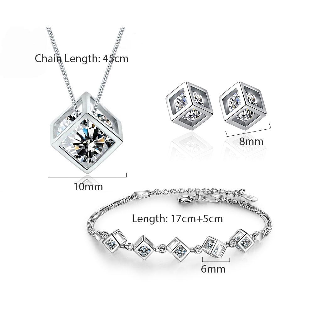 925 Silver Luxury Shiny Square Cube Necklace Earrings Bracelet For Women Gift Zircon Anniversary Gift