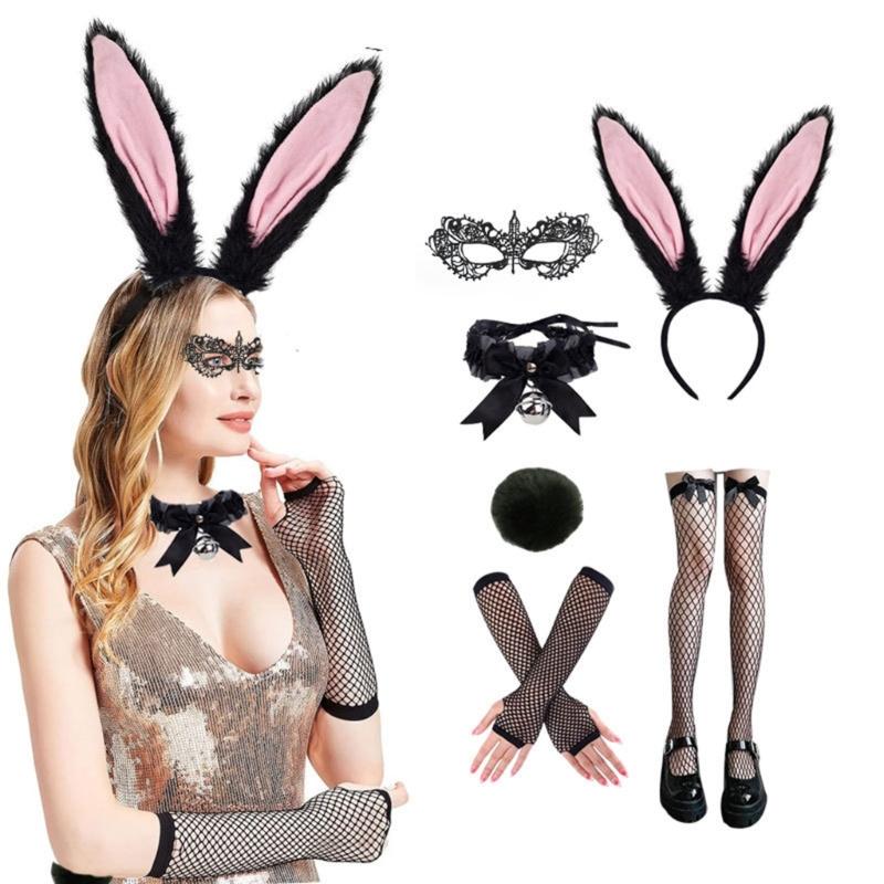 Hasenohren Stirnband Kragen Fliege Manschetten Hasen Schwanz für Halloween Cosplay Party Osterhasen Kostüm Set für Damen