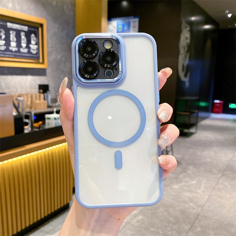 

Роскошный высококачественный прозрачный магнитный чехол с цветной рамкой для iPhone 15 Pro Max 14 Plus 13 12 11 Pro, полное покрытие с пленкой для объектива iPhone 11 синий