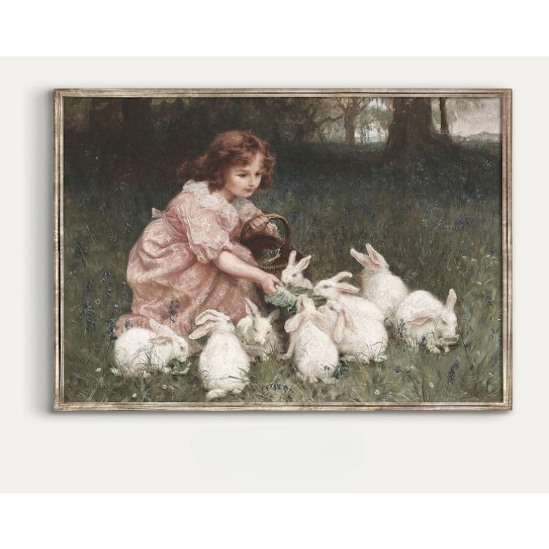 

Little Girl Feeding Bunnies Painting | Girl in Field with Rabbits | Easter Print | Vintage Nursery Decor Frameless Canvas Poster 21X30CMNo Framed