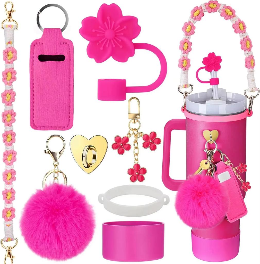 Set di 7/8 Pezzi di Accessori per Tazze per Stanley Cup Inclusi Manico Cinturino Base in Silicone per Tazza Copri Cannuccia Ciondoli per Bicchiere da 40oz 30oz