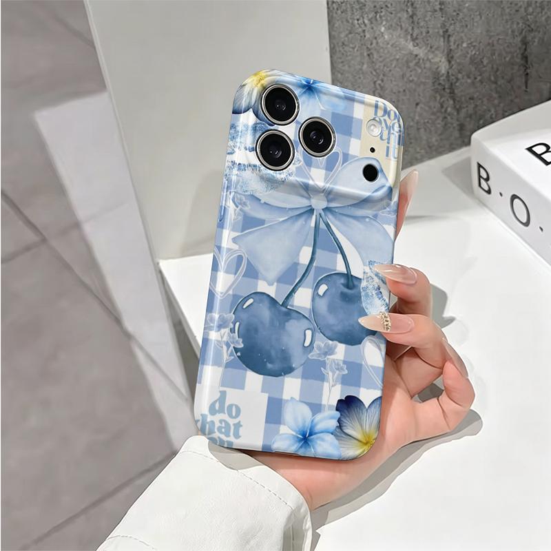 Chic Blue Checkered Cherry Bow Decorative Art Graphic Film Aesthetic Protective Shockproof Bumper Phone Case Cover For iPhone 14 15 16 17 Pro Max Plus