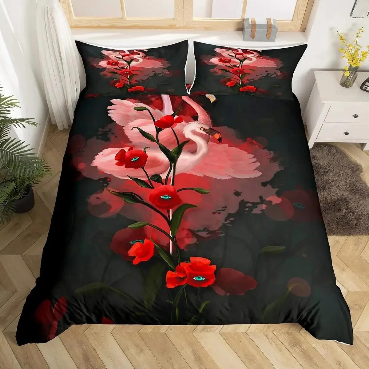 

Sugar Skull Duvet Cover Set King Size Poppy Rose Bedding Set,3D Floral Skull Comforter Cover Set Black Red Skeleton Bedspreads 70x133cm