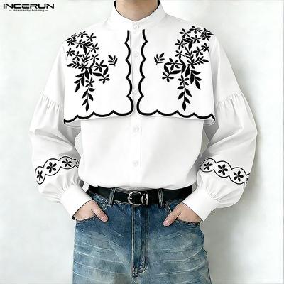 Men Lapel Neck Long Sleeve Patchwork Print Buttons Up Casual Shirts