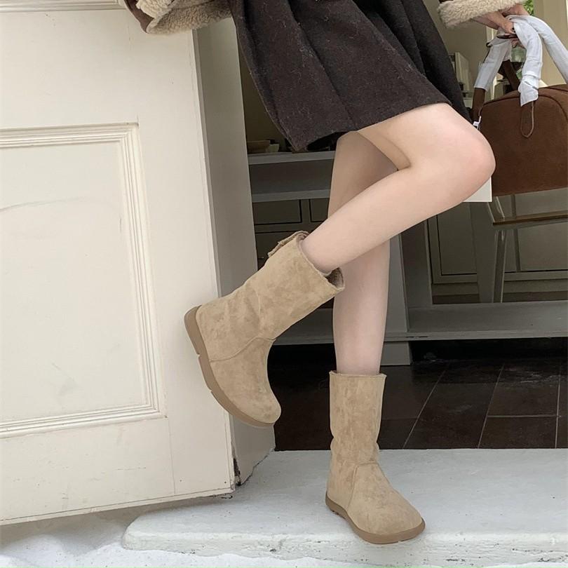 Retro suede two-wear snow boots women's 2025 autumn and winter new velvet thickened flat-bottomed medium boots thermal cotton shoes
