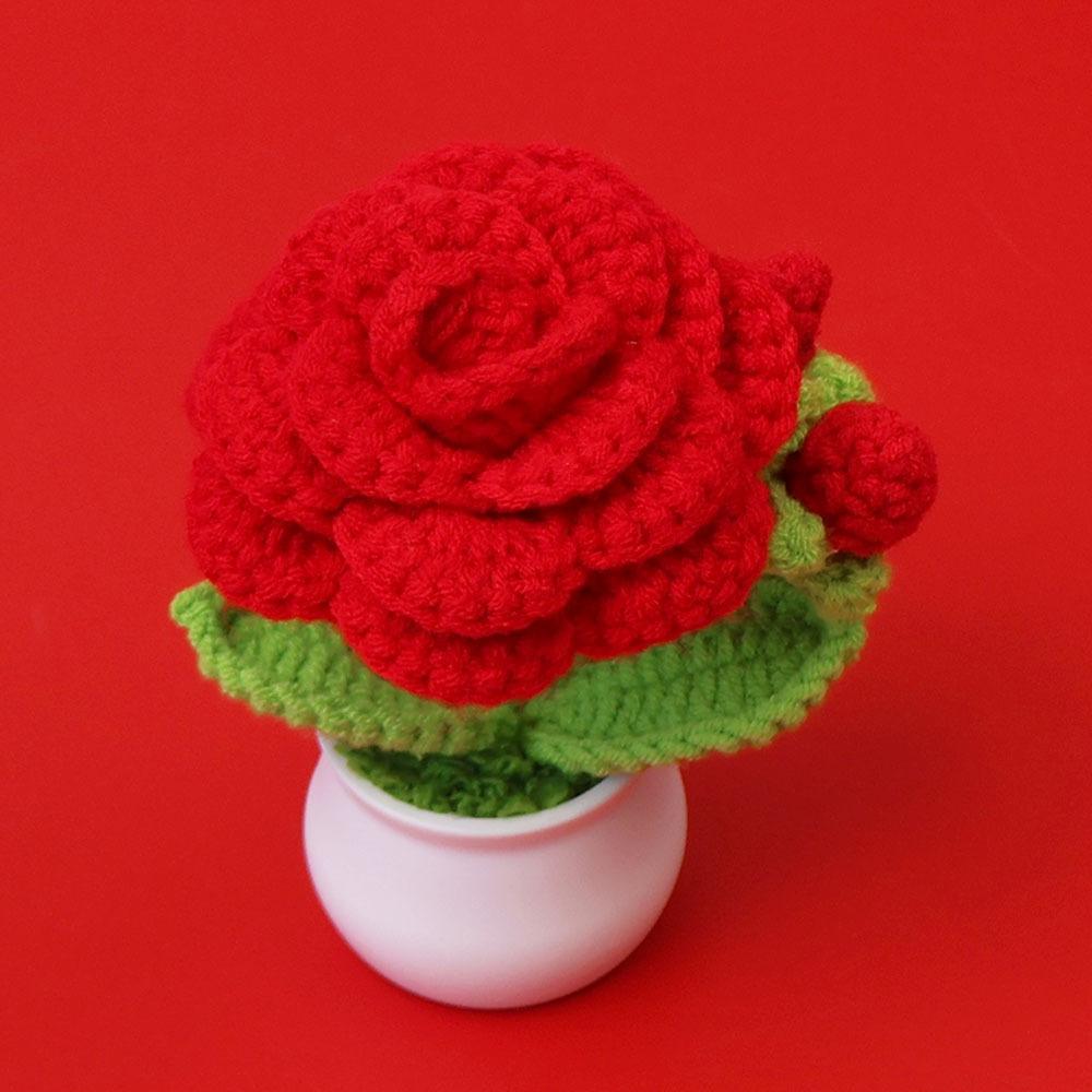 Rose Crochet Flower Pot with Bud  Romantic Handwoven Rose Flowers Knitting Flower Table Car Decor