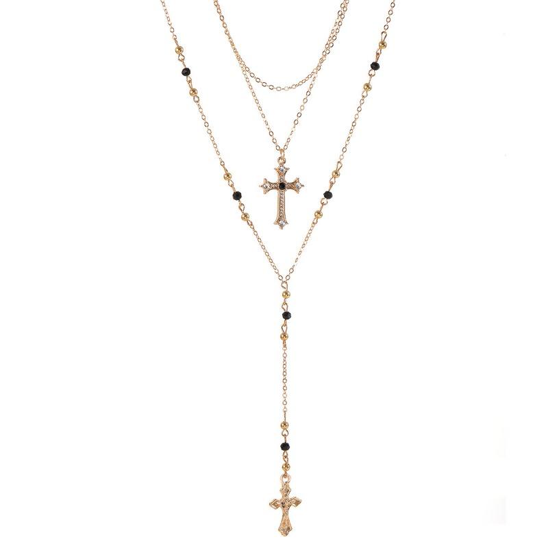 Long cross necklace multi-layer stacked pendant light luxury high sense diamond collarbone chain women