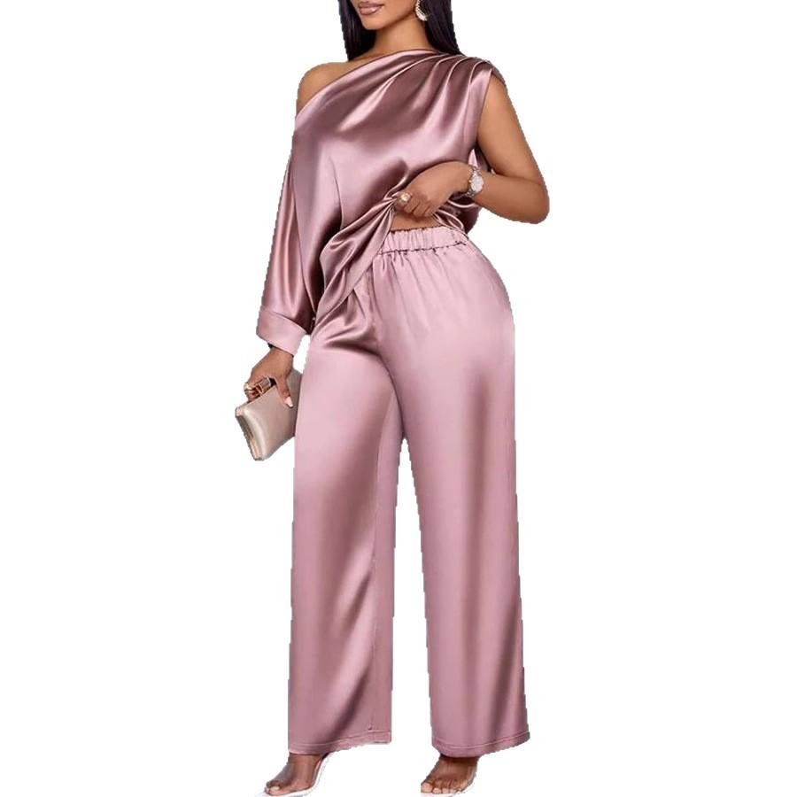 Damen One-Shoulder Drapierter Ärmelloser Uni-Farben Satiniert Weiter Bein Hosenanzug Set