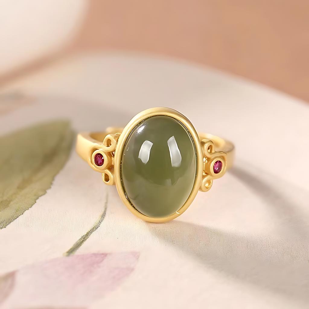 PANJBJ Anello Geometrico in Argento Sterling 925 con Giada di Hotan per Donna Ragazza Regolabile Gioielli Delicati Retrò Regalo di Compleanno Dropshipping