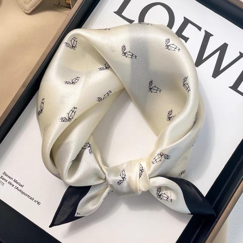 Dámský béžový hedvábný šátek - 53 cm Korejský styl Tištěný čtverec, 100% morušové hedvábí na jaro/léto