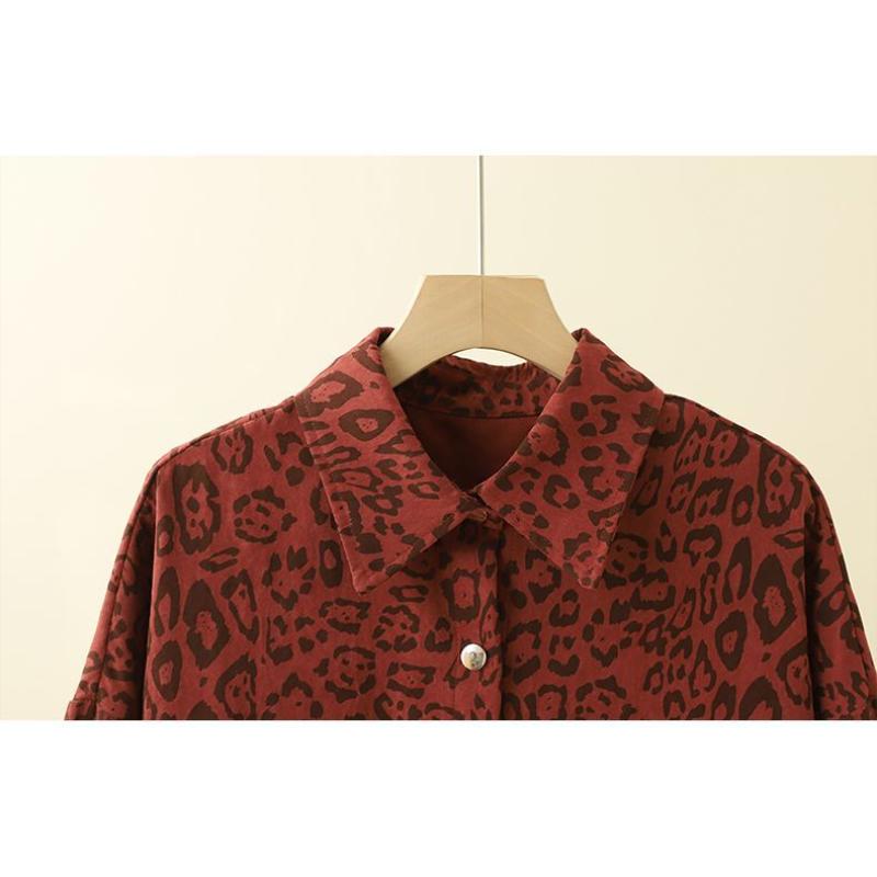 Women's New Spliced   POLO Collar Buttons Fashionable Versatile Slim Leopard Print Long Sleeve Shirt