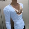 INCERUN Men Beading Low Cut Neck Long Sleeve Fitted Tops T-shirts Undershirts