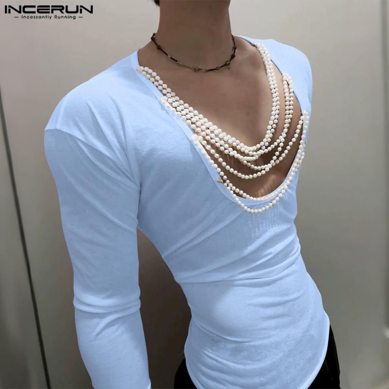 INCERUN Men Beading Low Cut Neck Long Sleeve Fitted Tops T-shirts Undershirts