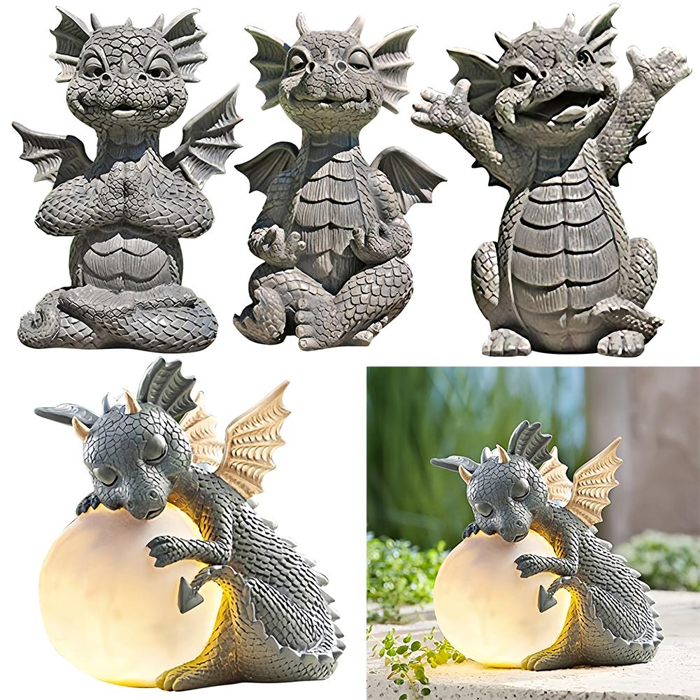 Garden Dragon Statue Happy Dinosaur Cheering You Resin Figurine with Lamp Decorative Accent Sculpture Sleeping Dragon Figurines