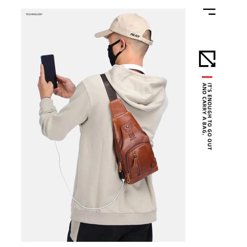 2024 New 100% Cowhide Leather Casual Fashion Crossbody Chest Bag Men's Leather Bag USB Charging Travel Shoulder Bag Daypack Male