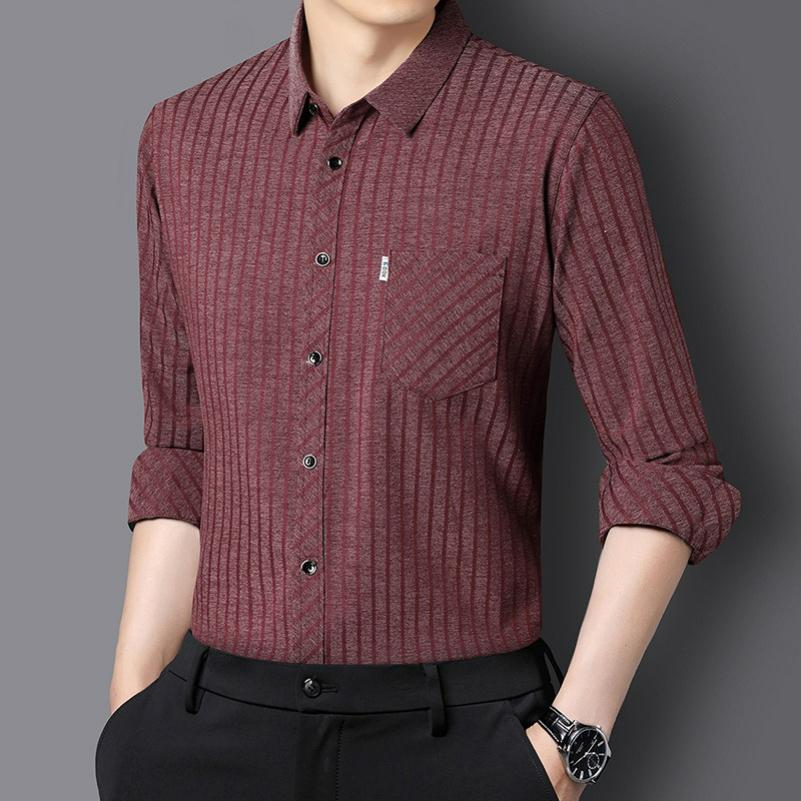 Long-sleeved Shirt Men's Spring and Autumn Dad Wear Striped Non-iron Lapel Real Pocket Men's Shirt