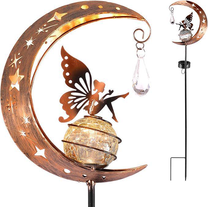 Hollow Moon Angel Solar Garden Pendant Light - Wrought Iron, Waterproof for Outdoor Lawn