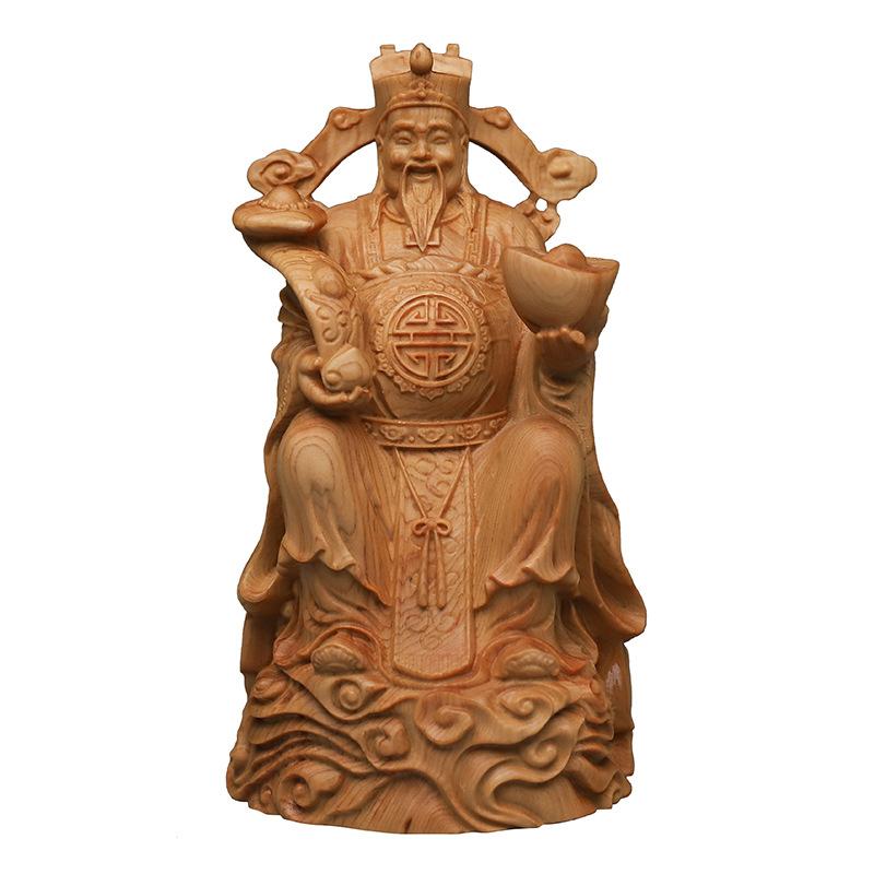 Natural Cypress God of Wealth Figure Statue Hand Carved Solid Wood Suitable For Home Room Office Gathering Wealth Statue
