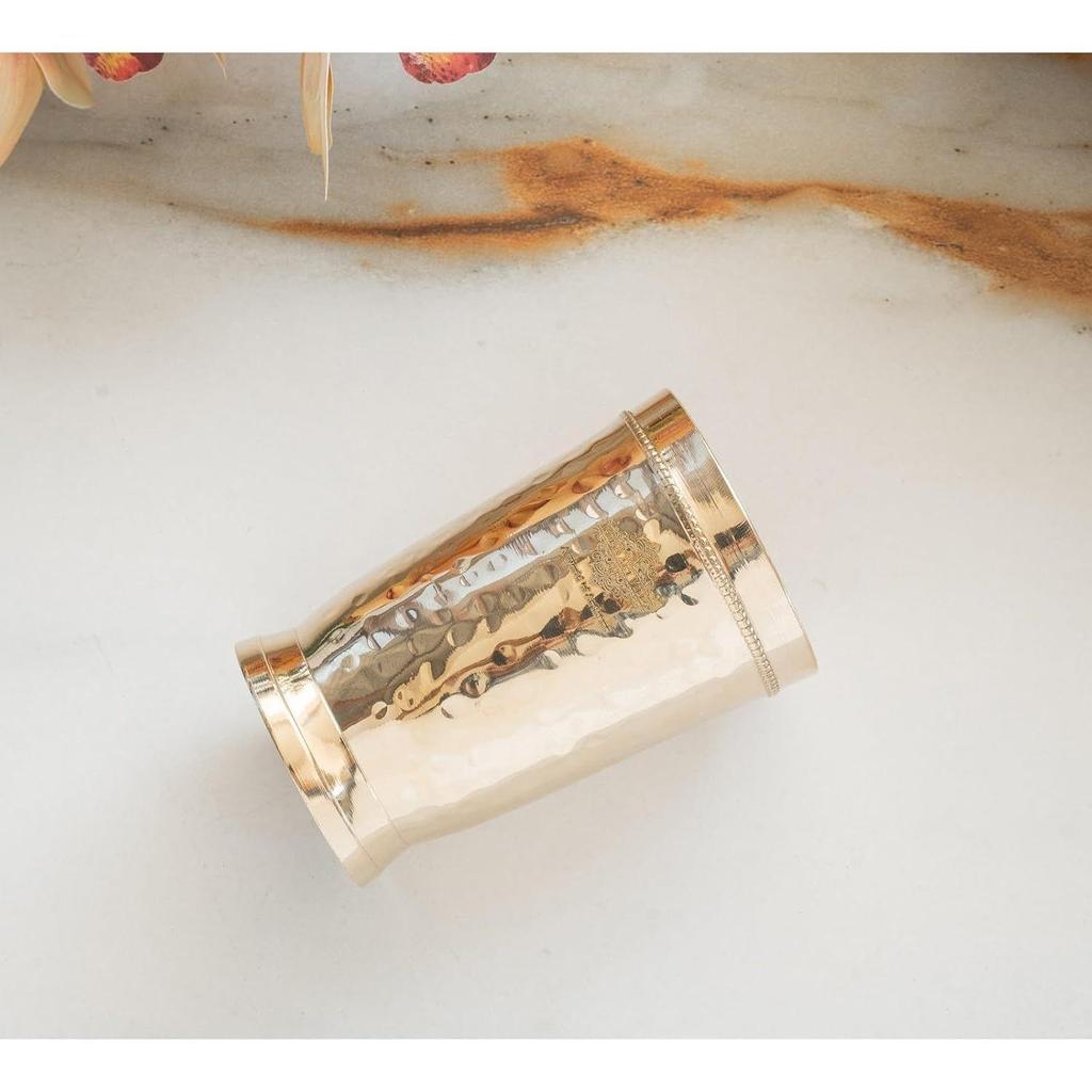 Pure Brass Glass Tumbler with Hammered Beeded Design, for Drinking Serving Water, Yoga & Ayurveda, Volume-270 ML, 1 Piece