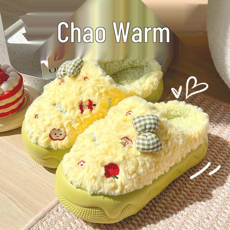Damen Winter Baumwollpantoffeln mit dicker Sohle: Süße Schleife, Flauschig, Warm, Rutschfest, Höhenverstärkend