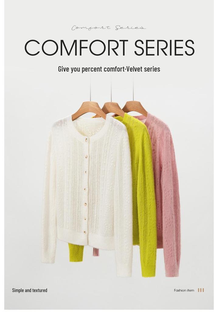 Women's Cashmere Cable Knit Cardigan: Solid Color, Round Neck, Warm Mulberry Silk Sweater for Autumn-Winter