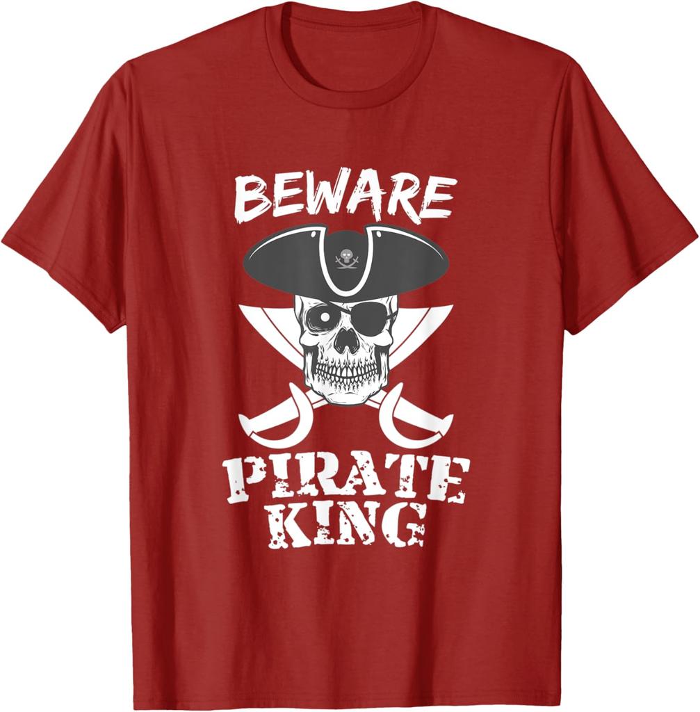 Beware Pirate King Skull and Crossed Swords Graphic Tee Casual Cotton Short Sleeve TShirt
