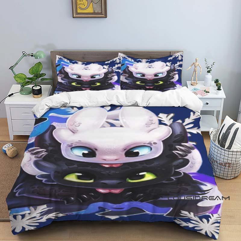 "How To Train Your Dragon" Cartoon-Print 3-Piece Bedding Set — Duvet Cover & Pillowcases (Suitable for Teens & Children — Boys &