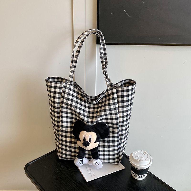 New striped large-capacity canvas bag women's cute fashion plaid single shoulder cartoon commuting lazy wind tote bag