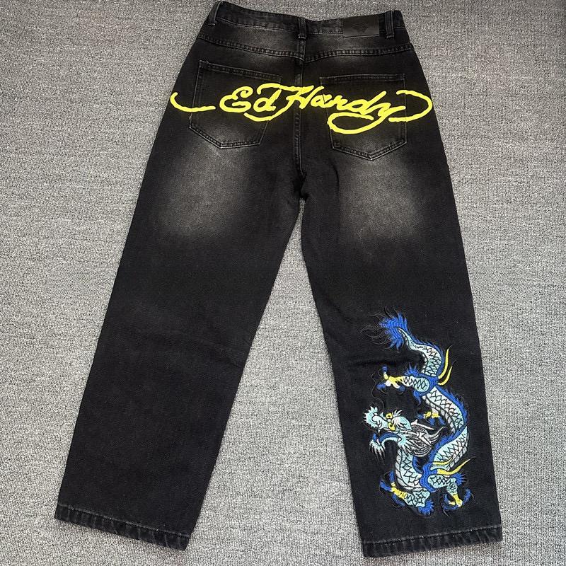RogueWave European and American Retro High Street Hip-hop Oldschool Skull Embroidery Loose Casual Stylish Jeans Trousers
