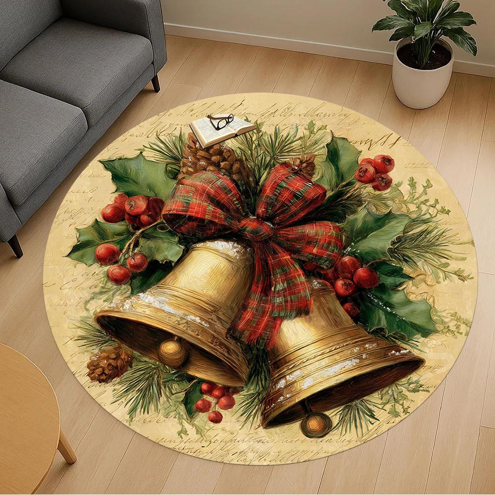 1PC Christmas bells Holly berries Office Round Area Rug, Under Office Chairs Bedroom Living Room Home Decor, Carpet for Office -1110156