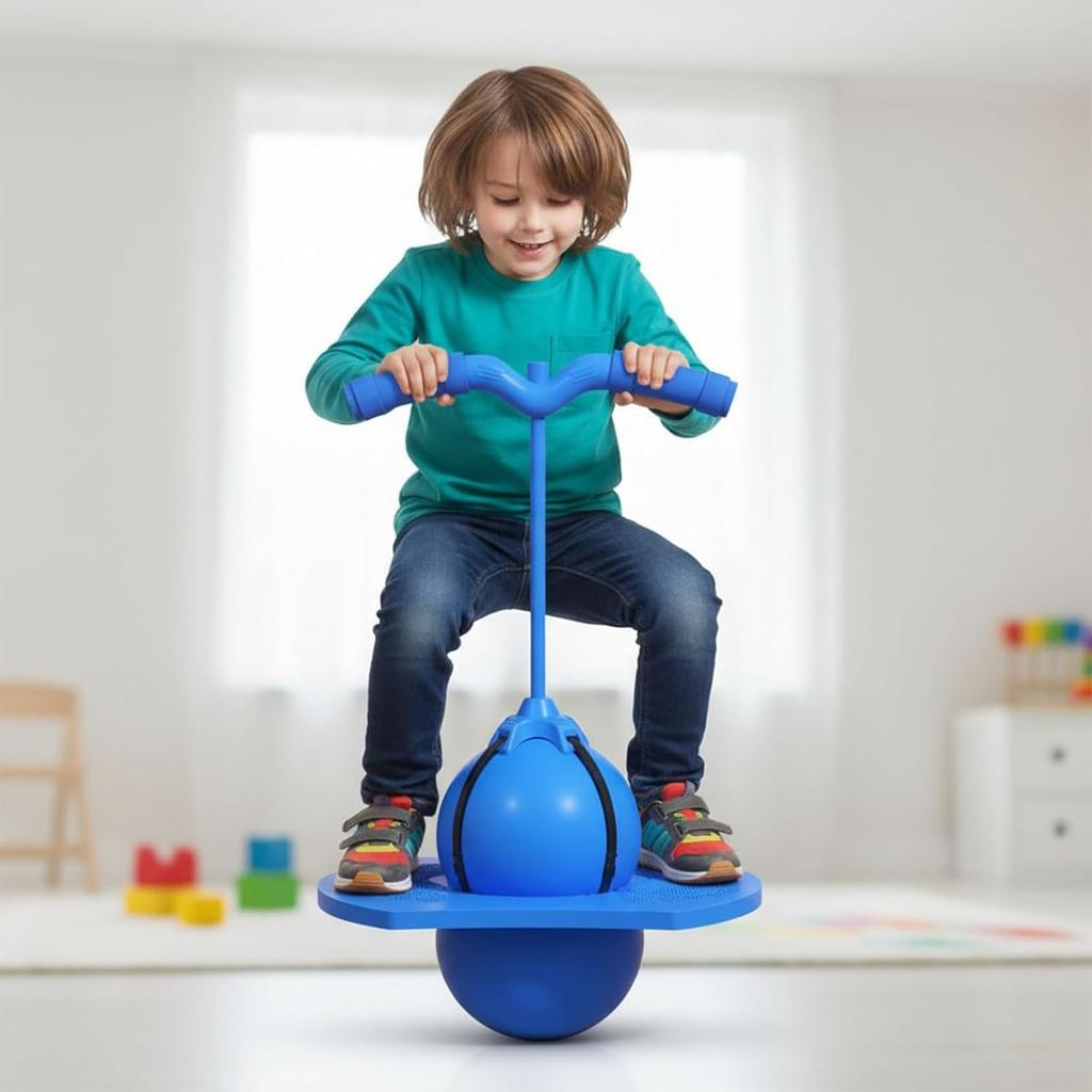 Palla da Salto Equilibrante, Pogo Jumper con Manico e Pompa, Tavola Antiscivolo per Salti Rimbalzanti, Palla Rimbalzante per Interni ed Esterni Sicura e Divertente per l'Allenamento della Coordinazione