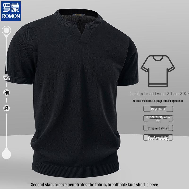 

ROMON Men s Linen & Silk Blend Seagull Collar Short Sleeve T-Shirt M