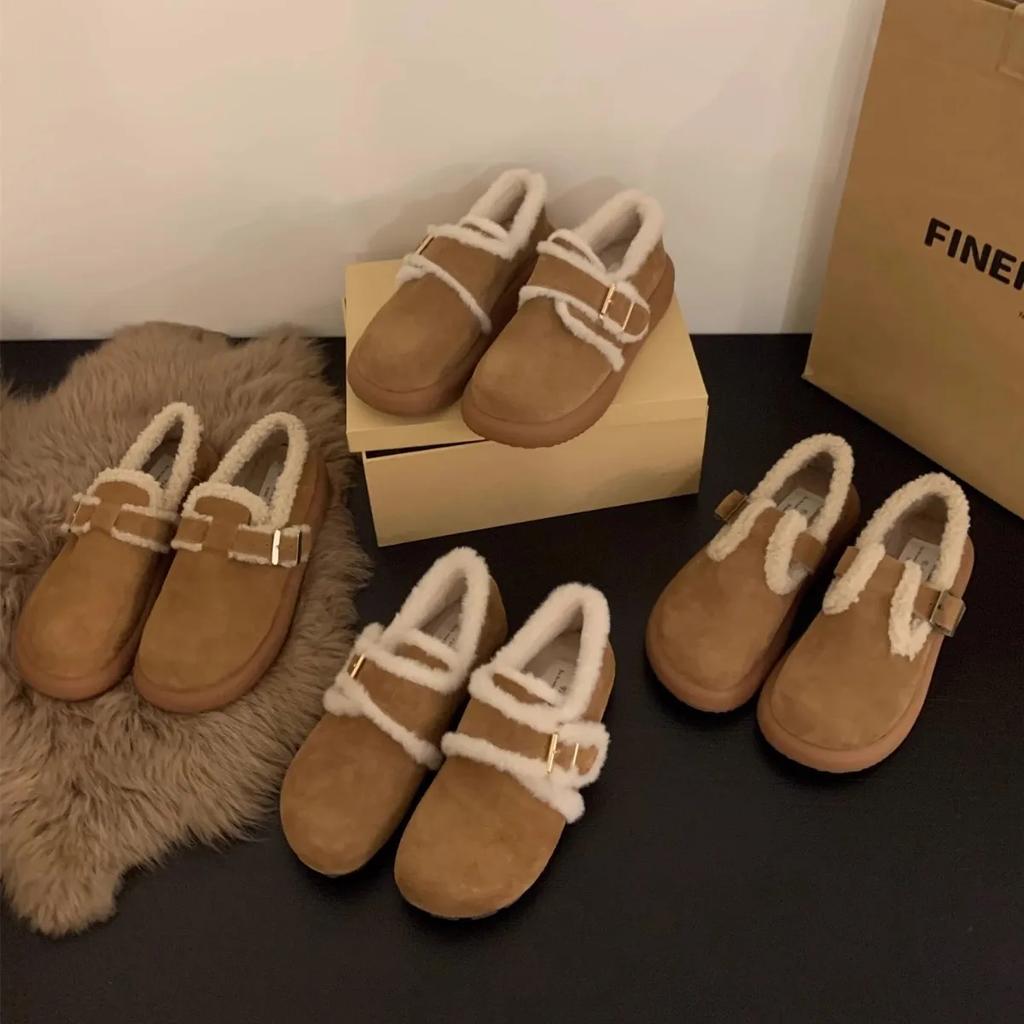 Fashion 2025 Frosted Leather Thick-soled Brown Velvet Boken Shoes Autumn Winter Snow Boots Women's Cotton Sneakers Wear Fluffy Mary Jane