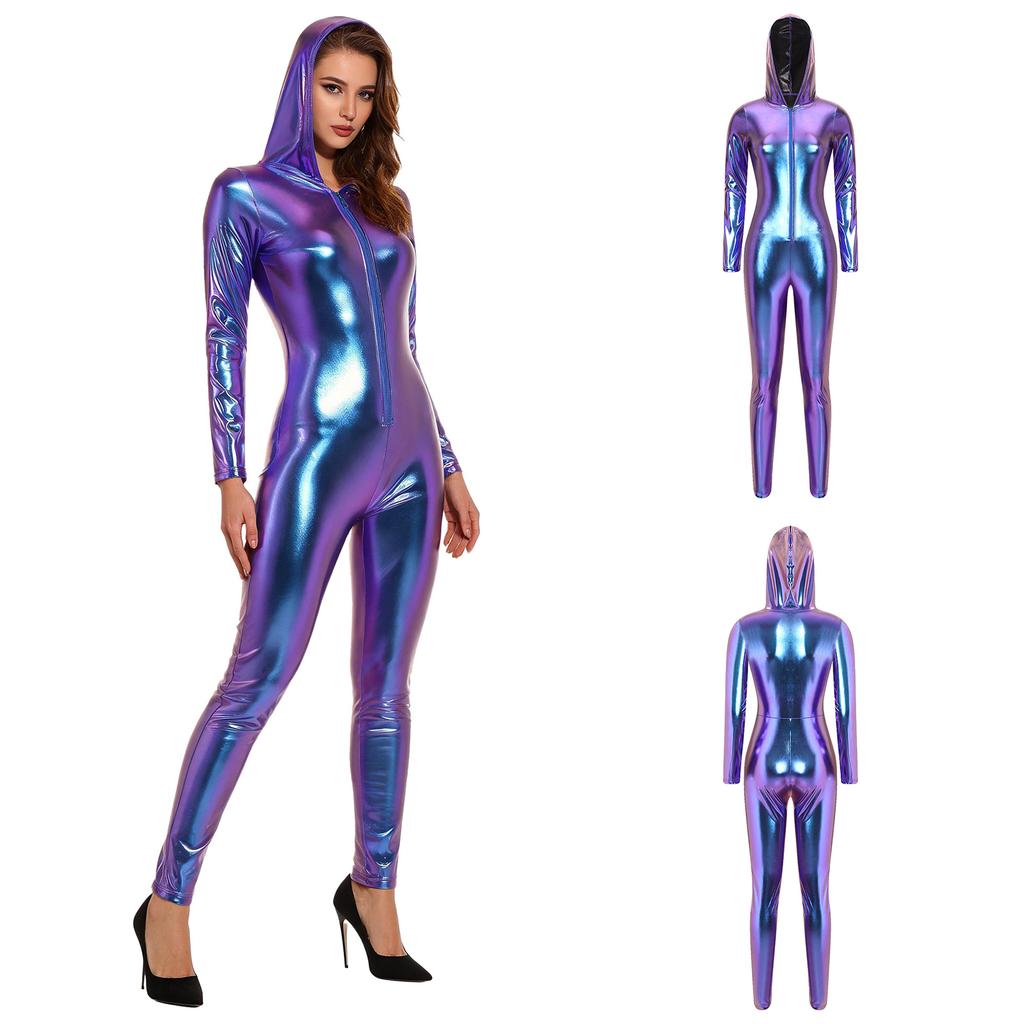 Tuta intera con cappuccio a maniche lunghe e zip frontale, jumpsuit metallica lucida con leggings/collant per donna, festa rave, club