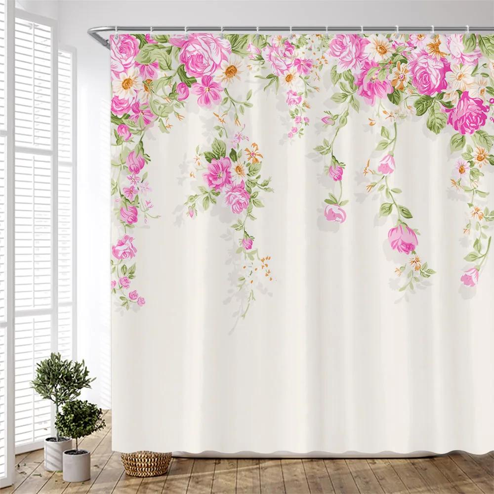 Garden Flower Shower Curtain Plant Floral Birds Leaves Zen Stone Bamboo Forest Painting Bath Accessories Bathroom Decor Curtains