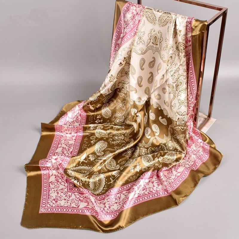 New Luxury Square Scarf Design Shawl Wrap 90Cm Print Twill Silk Women Hijab Female Foulard Headband Bandana