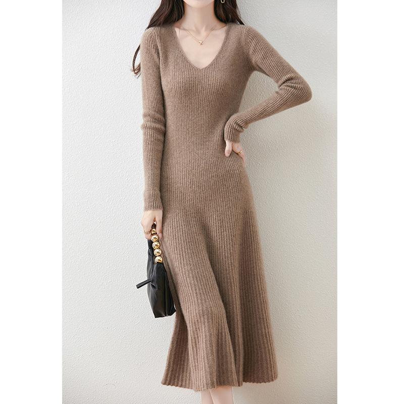 Solid color v-neck medium and long knitted dress for women's autumn and winter new temperament slim and thin over the knee primer sweater skirt