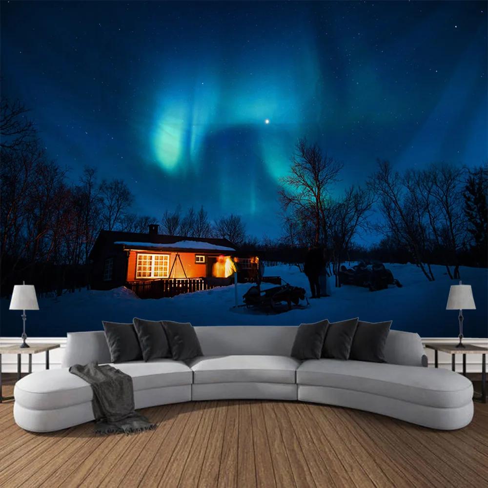 Forest Wooden House Tapestry Hanging Wall, Snow Mountain Landscape, Bohemian Tapestry, Hippie Living Room Wall Background Cloth