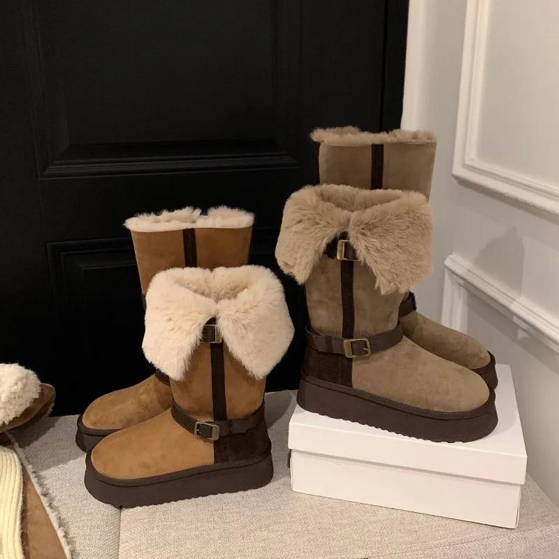Contrast Color Platform Snow Boots Winter New Round Toe Suede Buckle Thickened Warm Cotton Shoes