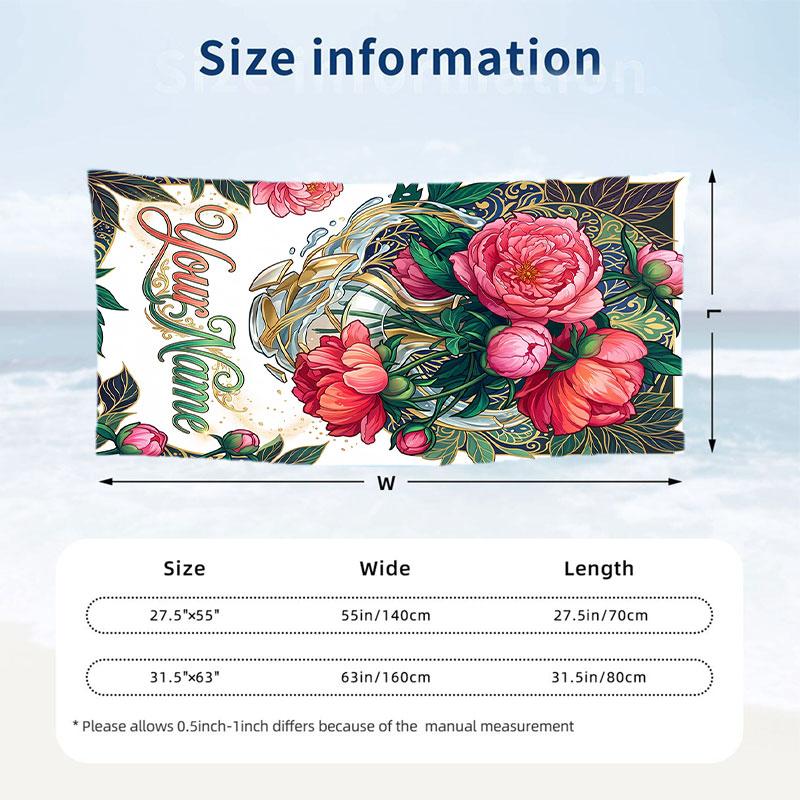 Floral Artwork 12 Theme Quick Dry Beach Towel Custom Name Text Print Large Sand Resistant Towel Beach Vacation