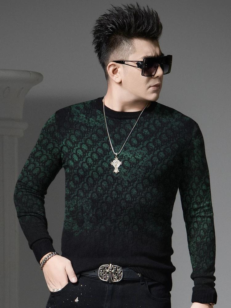 European Trendy Brand Round-Neck Sweater for Men, 2025 Autumn and Winter New Style, Velvet Print, Warm Long-Sleeve Knitted Base Shirt