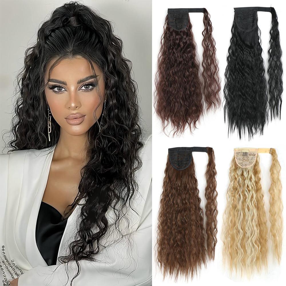 

Synthetic Long Corn Curly Fluffy Clip In Ponytail Extension Wrap Around Ponytail Extension Natural Looking Wig For Women Daily Wear 55cm