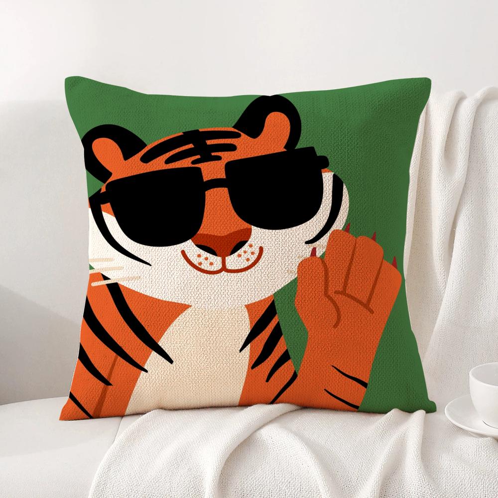 Cartoon Animal Cute Cushion Cover Natural Linen Organic Fabric DoubleSided Printing Sofa Home Decor Breathable Bed Pillow