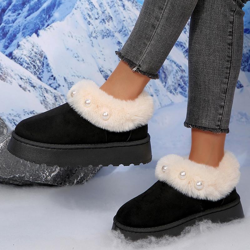 Fluffy Fur Platform Snow Boots Women Fashion Pearls Decor Non Slip Winter Ankle Boots Woman Thicken Plush Warm Cotton Shoes 43